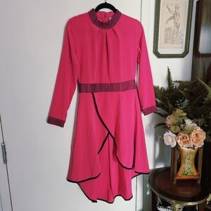 Vintage 80s Fuschia Pink Faux Wrap High Low Dress Black Mesh